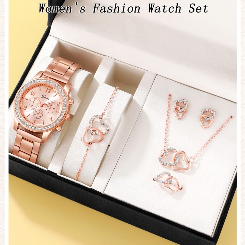 6pcs rose gold  rhinestones bracelet, earrings, necklace, watch set for women